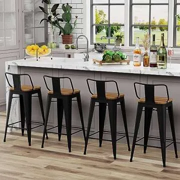 Andeworld Metal Bar Stools Set of 4 Kitchen Counter Stools Bristro Barstools Industrial Bar Stools (26 Inch, Black with Wooden Seats)