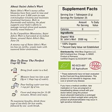 Wild Bliss Organic St Johns Wort Herbal Tea - Caffeine Free Mood Balance Support Tea - Pharmacopoeia Potency - 20 Plant Based Tea Bags