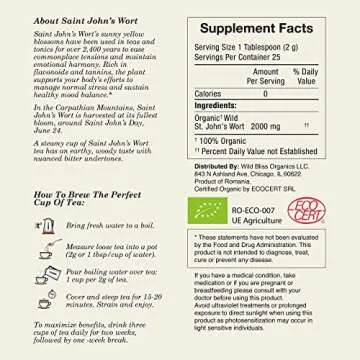 Wild Bliss Organic St Johns Wort Herbal Tea - Caffeine Free Mood Balance Support Tea - Pharmacopoeia Potency - 20 Plant Based Tea Bags