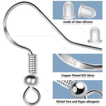 Hypoallergenic Earring Hooks 150 PCS/75 Pairs, Silver Plated Ear Wires Fish Hooks,500pcs Earring Making Kit with Jump Rings and Clear Silicone Earring Backs Stoppers for DIY Jewelry Making