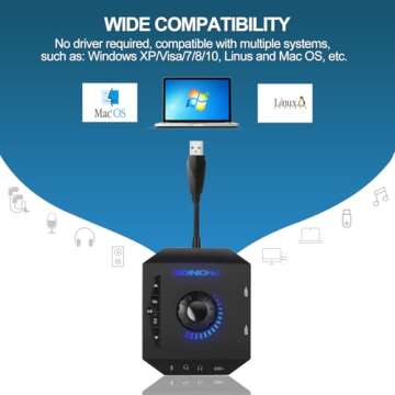 T10 External Sound Card, PHOINIKAS USB Audio Adapter for PC Windows, Mac, Linux, Laptops, Desktops, Stereo Sound Card with 3.5mm Interface & USB Interface, Volume Control, Plug & Play (6-in-1, Black)