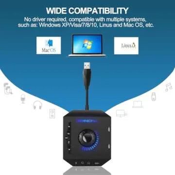 T10 External Sound Card, PHOINIKAS USB Audio Adapter for PC Windows, Mac, Linux, Laptops, Desktops, Stereo Sound Card with 3.5mm Interface & USB Interface, Volume Control, Plug & Play (6-in-1, Black)