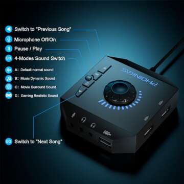 T10 External Sound Card, PHOINIKAS USB Audio Adapter for PC Windows, Mac, Linux, Laptops, Desktops, Stereo Sound Card with 3.5mm Interface & USB Interface, Volume Control, Plug & Play (6-in-1, Black)