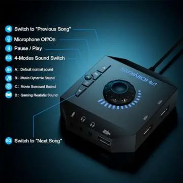 T10 External Sound Card, PHOINIKAS USB Audio Adapter for PC Windows, Mac, Linux, Laptops, Desktops, Stereo Sound Card with 3.5mm Interface & USB Interface, Volume Control, Plug & Play (6-in-1, Black)