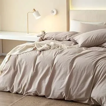 JIYUAN 100% Washed Cotton Duvet Cover Set Comfy Simple Style Soft Breathable Textured Durable Linen Feel Bedding for All Seasons Queen,Solid Warm Taupe