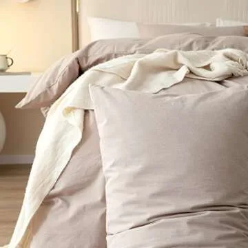 JIYUAN 100% Washed Cotton Duvet Cover Set Comfy Simple Style Soft Breathable Textured Durable Linen Feel Bedding for All Seasons Queen,Solid Warm Taupe