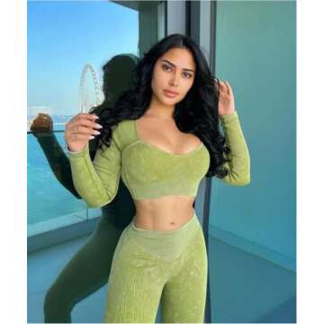 ABOCIW Long Sleeve Workout Sets for Women - Seamless Gym Yoga Outfit