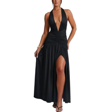 Ekaliy Women's Sexy Halter Deep V Neck Maxi Dress Sleeveless Backless High Slit Ruched Long Dress Su...
