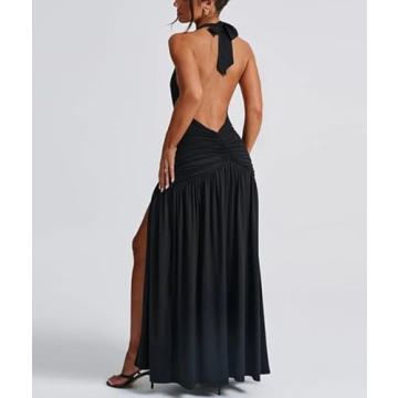 Ekaliy Women's Sexy Halter Deep V Neck Maxi Dress