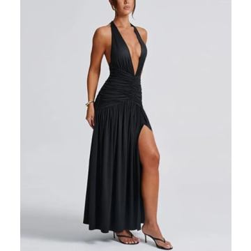 Ekaliy Women's Sexy Halter Deep V Neck Maxi Dress