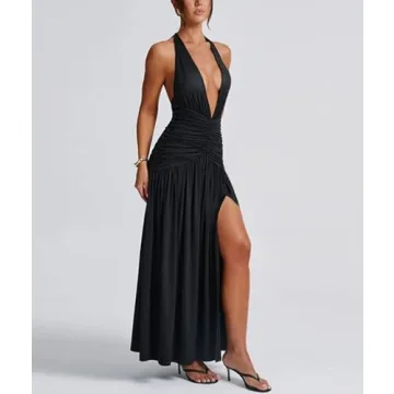 Ekaliy Women's Sexy Halter Deep V Neck Maxi Dress