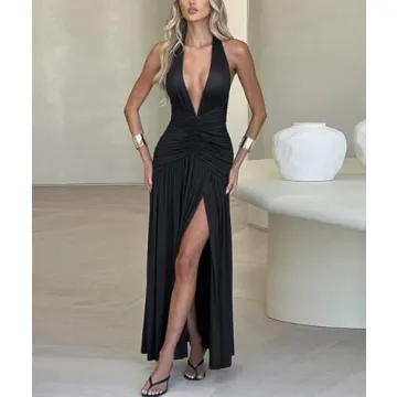 Ekaliy Women's Sexy Halter Deep V Neck Maxi Dress