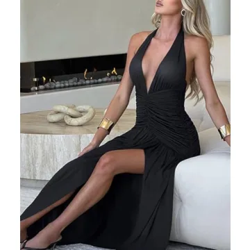 Ekaliy Women's Sexy Halter Deep V Neck Maxi Dress