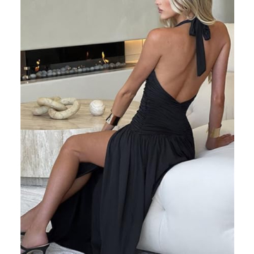 Ekaliy Women's Sexy Halter Deep V Neck Maxi Dress