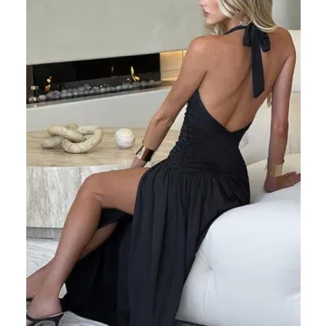 Ekaliy Women's Sexy Halter Deep V Neck Maxi Dress