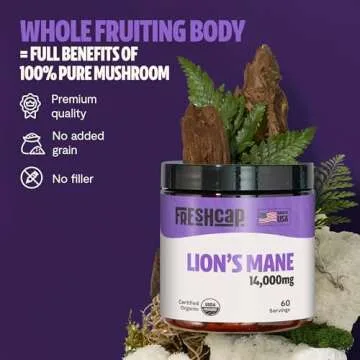 FreshCap Lions Mane Supplement Powder 14,000mg - Lions Mane Mushroom, Lions Mane Extract, Lion's Mane Mushroom, Mushroom Supplement for Focus & Memory, Organic Lions Mane Powder (60 Servings)