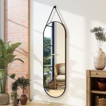 XRAMFY 16''x48'' Full Length Mirror with Hanging Leather Cord,Modern Aluminum Frame Full Body Hangin...