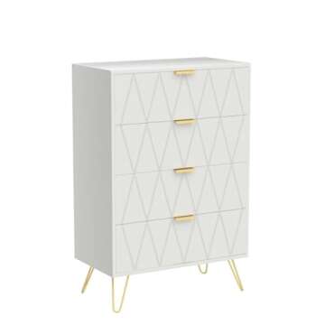 Anbuy 4 Drawer Dresser, Drawer Chest, Tall Storage Dresser Cabinet Organizer Unit with Metal Legs for Bedroom, Living Room, Closet (White/4 Drawer)