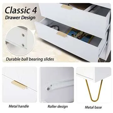 Anbuy 4 Drawer Dresser, Drawer Chest, Tall Storage Dresser Cabinet Organizer Unit with Metal Legs for Bedroom, Living Room, Closet (White/4 Drawer)