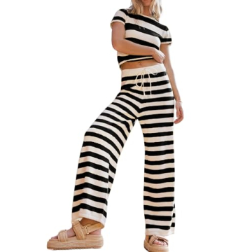 TAQCUX Two Piece Striped Knit Sets for Women Short Sleeve Crop Top and Wide Leg Pants Lounge Sets(Black-L)