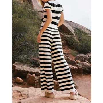 TAQCUX Two Piece Striped Knit Sets for Women Short Sleeve Crop Top and Wide Leg Pants Lounge Sets(Black-L)