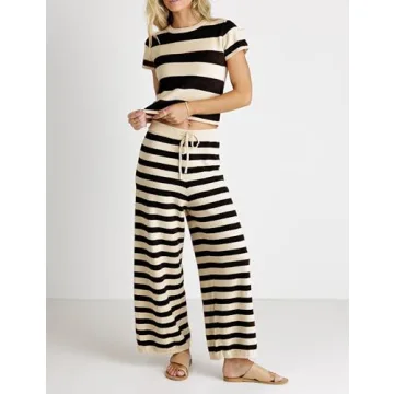 TAQCUX Two Piece Striped Knit Sets for Women Short Sleeve Crop Top and Wide Leg Pants Lounge Sets(Black-L)