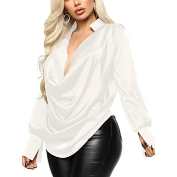 LYANER Women's Satin Collar Neck Drape Ruched Front Long Sleeve Blouse Shirt Top White XX-Large
