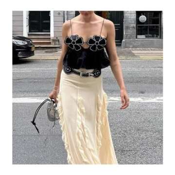 JAMPOL Floral Chic Cropped Top Vest for Women Camisole Backless Suspender Tops Female Elegant Sexy Sleeveless Street(White,Large)