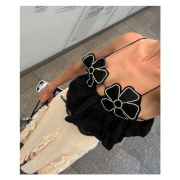 JAMPOL Floral Chic Cropped Top Vest for Women Camisole Backless Suspender Tops Female Elegant Sexy Sleeveless Street(White,Large)