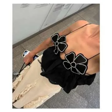 JAMPOL Floral Chic Cropped Top Vest for Women Camisole Backless Suspender Tops Female Elegant Sexy Sleeveless Street(White,Large)