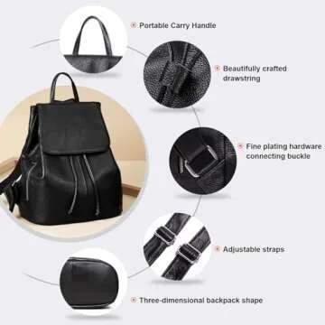 Genuine Leather Backpack Purse for Women: Fashion Ladies Full-Grain Leather Convertible Backpack Bag for Travel - Black