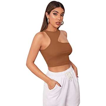 Verdusa Women's Asymmetrical Neck Sleeveless Slim Fitted Ribbed Crop Tank Top Brown M