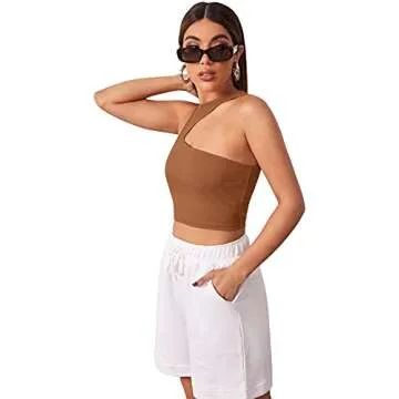 Verdusa Women's Asymmetrical Neck Sleeveless Slim Fitted Ribbed Crop Tank Top Brown M