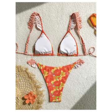 MakeMeChic Women's Two Piece Bikini Set Floral Ruffle Swimwear in Orange