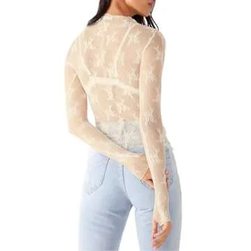 KMBANGI Women's Mesh Long Sleeve Top Mock Neck Sheer Blouse Cream Lace Long Sleeve Top White Floral ...