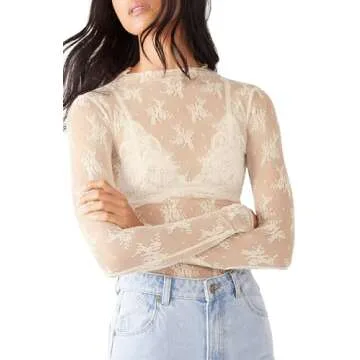KMBANGI Women's Mesh Long Sleeve Top Mock Neck Sheer Blouse Cream Lace Long Sleeve Top White Floral Lace Layering Tops Y2k See Through Tee Shirt(Embroidery White,M)
