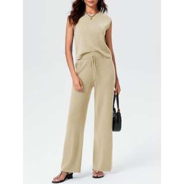 Imily Bela Womens 2 Piece Outfits Sweater Sets Knit Summer Casual Crewneck Sleeveless Tops Wide Leg ...
