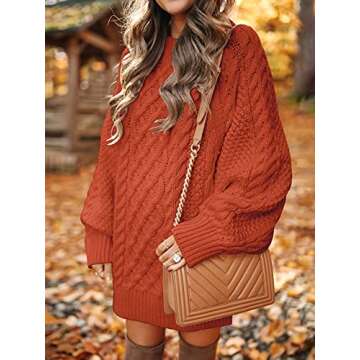 ANRABESS Women Long Sleeve Oversized Cable Knit Chunky Baggy Loose Pullover Tunic Mini Sweater Dress 2025 Trendy Fall Outfits Rust X-Large