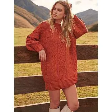 ANRABESS Women Long Sleeve Oversized Cable Knit Chunky Baggy Loose Pullover Tunic Mini Sweater Dress 2025 Trendy Fall Outfits Rust X-Large