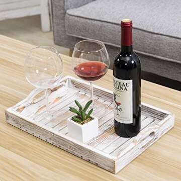 MyGift Shabby Chic Whitewashed Wood Breakfast Serving Tray with Cutout Handles with Slatted Design, ...