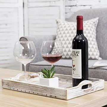 MyGift Shabby Chic Whitewashed Wood Breakfast Serving Tray with Cutout Handles with Slatted Design, Breakfast Ottoman Coffee Table Tray, 16 x 11 Inches