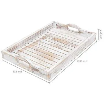 MyGift Shabby Chic Whitewashed Wood Breakfast Serving Tray with Cutout Handles with Slatted Design, Breakfast Ottoman Coffee Table Tray, 16 x 11 Inches