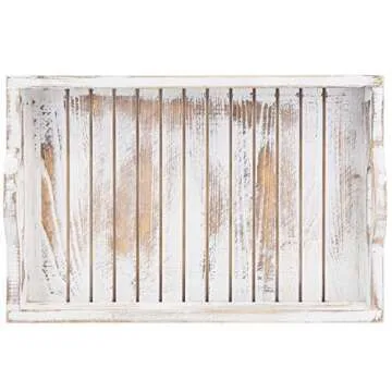 MyGift Shabby Chic Whitewashed Wood Breakfast Serving Tray with Cutout Handles with Slatted Design, Breakfast Ottoman Coffee Table Tray, 16 x 11 Inches