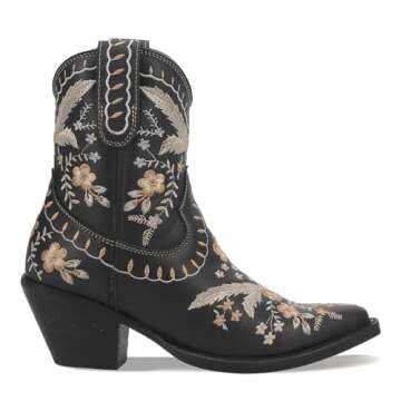 Dingo Boots Womens Primrose Embroidered Floral Snip Toe Casual Boots Ankle Mid Heel 2-3" - Black - Size 9.5 M