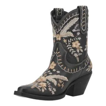 Dingo Boots Womens Primrose Embroidered Floral Snip Toe Casual Boots Ankle Mid Heel 2-3" - Black - Size 9.5 M
