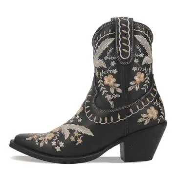 Dingo Boots Womens Primrose Embroidered Floral Snip Toe Casual Boots Ankle Mid Heel 2-3" - Black - Size 9.5 M