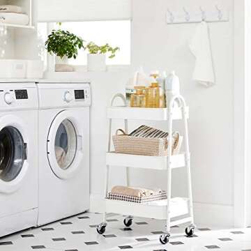 SONGMICS 3-Tier Rolling Cart, Metal Storage Cart, Kitchen Storage Trolley with 2 Brakes and Handles, Utility Cart, Easy Assembly, for Painting Utensils Bedroom Laundry Room, White UBSC068W01