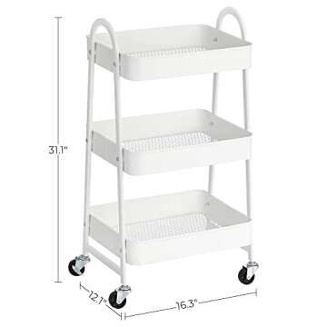SONGMICS 3-Tier Rolling Cart, Metal Storage Cart, Kitchen Storage Trolley with 2 Brakes and Handles, Utility Cart, Easy Assembly, for Painting Utensils Bedroom Laundry Room, White UBSC068W01