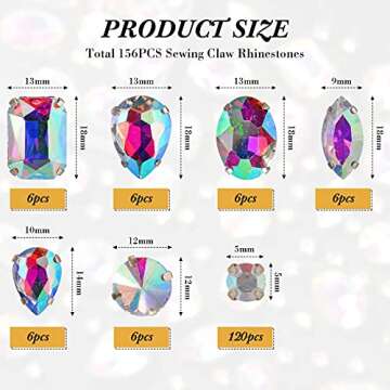 WILLBOND 156 Pcs Glass Sew on Rhinestones for Crafts