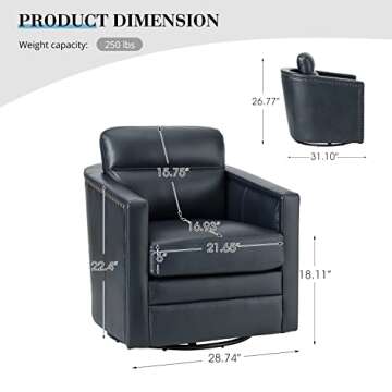 HULALA HOME Modern Barrel Swivel Chair, Genuine Leather Accent Armchair with Removable Cushion, Tub ...